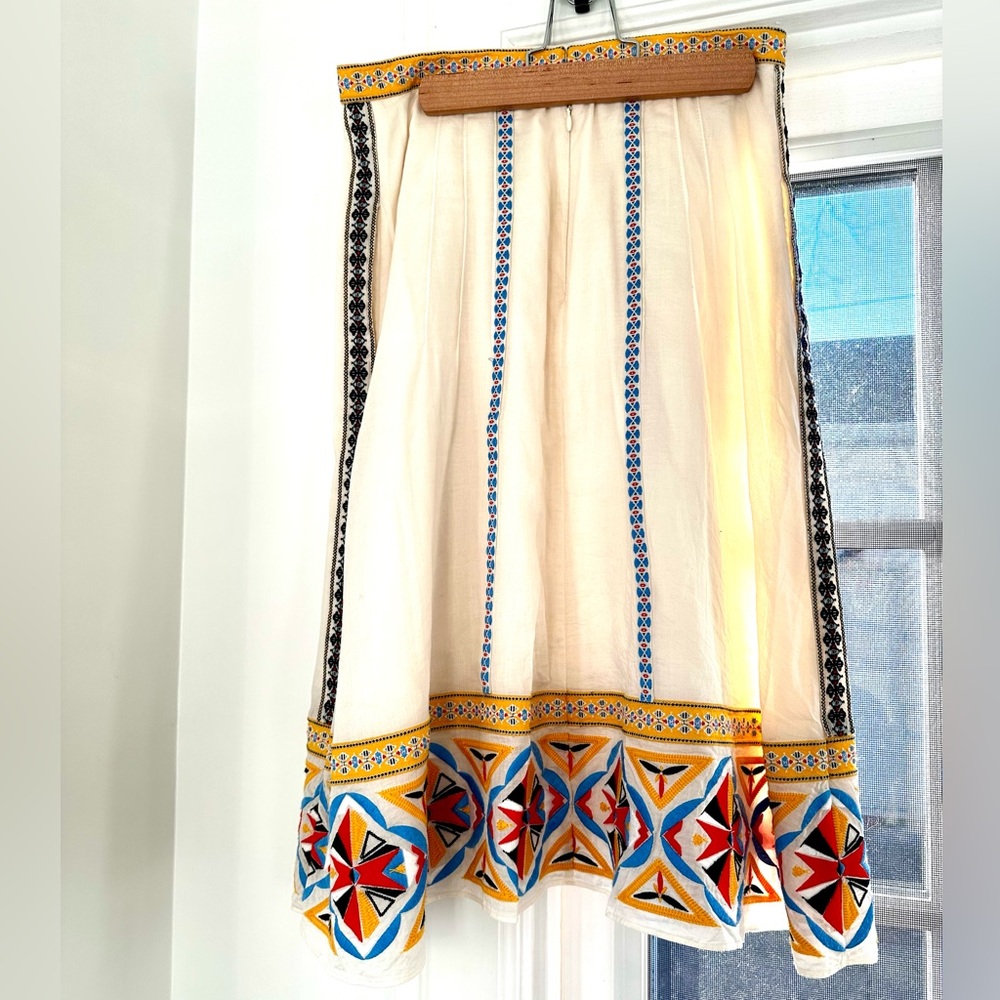 Tory Burch White and Blue Embellished A-Line Knee-length Skirt